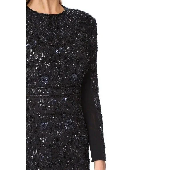 Needle & Thread Long Sleeve Lace Sequin Embellished Mini Dress Black Midnight 0